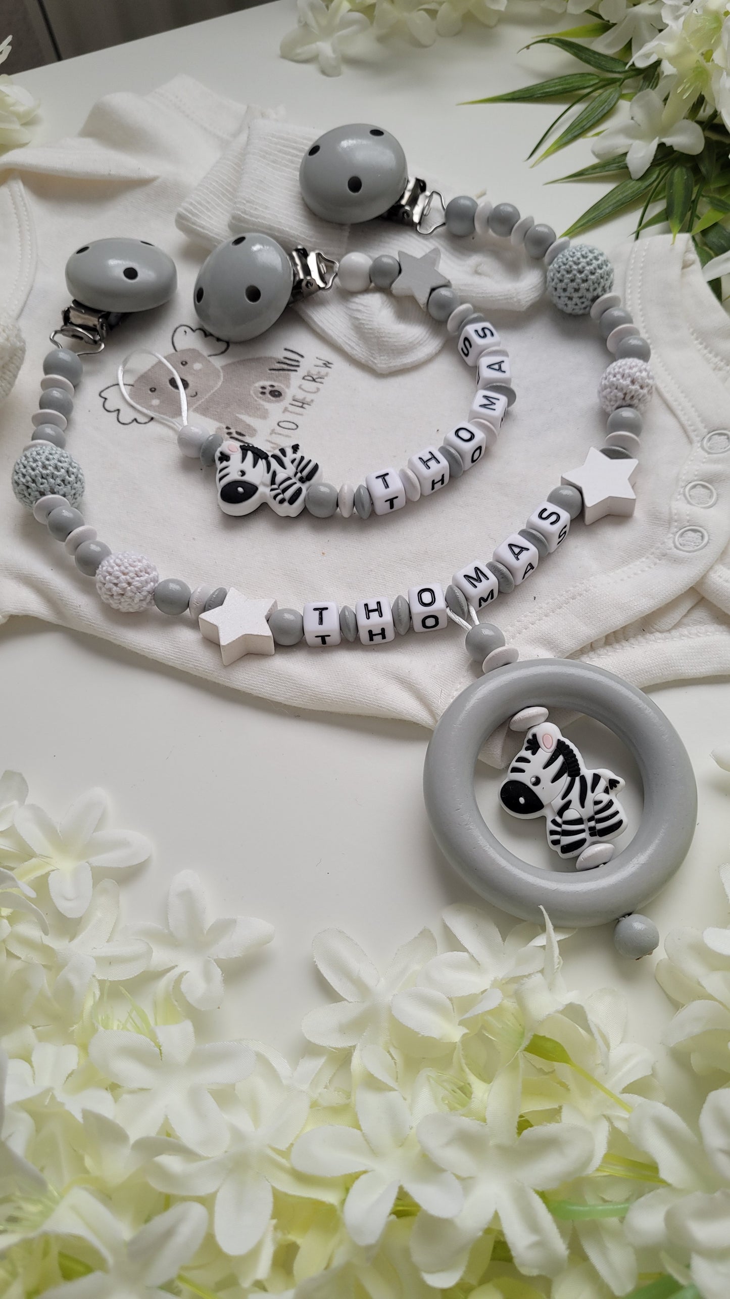 Kinderwagenkette & Schnullerkette Set Zebra grau weiss