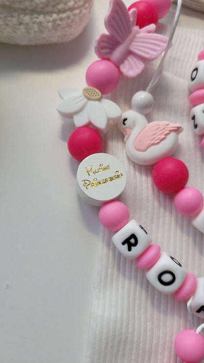3er Set Schnullerkette Kinderwagenkette & Greifring Schwan & Blumen pink