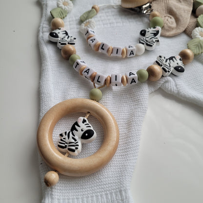 Kinderwagenkette & Schnullerkette Set Baby Zebra holz Salbei grün