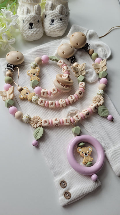 3tlg. Set Schnullerkette Kinderwagenkette & Spielring mit Namen Koala & Schmetterling rosa grün leo
