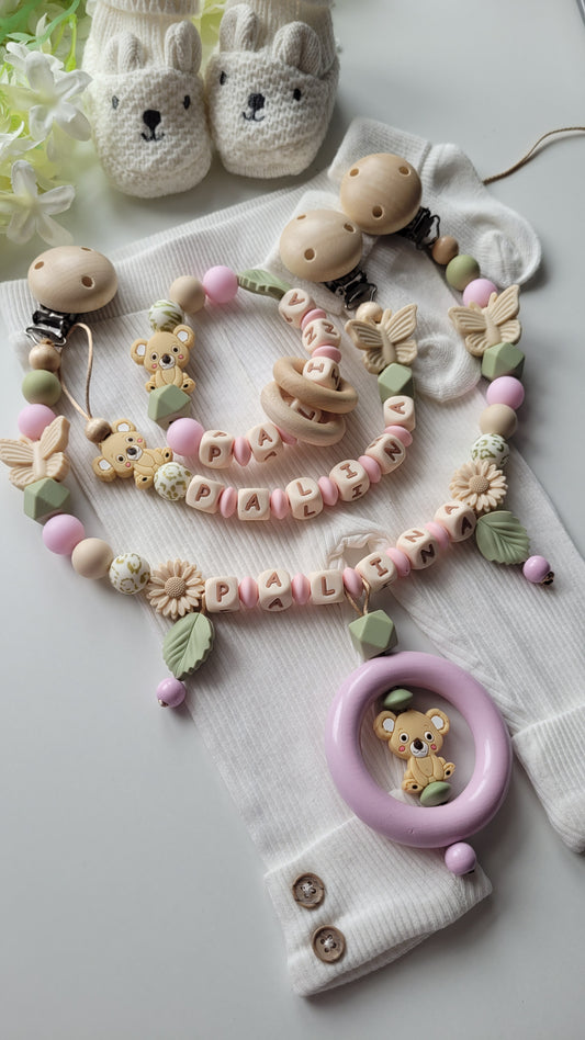 3tlg. Set Schnullerkette Kinderwagenkette & Spielring mit Namen Koala & Schmetterling rosa grün leo