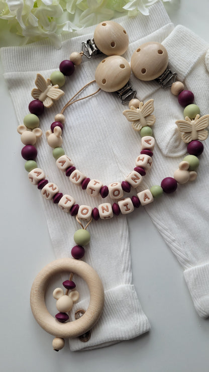 Kinderwagenkette & Schnullerkette Set mit Namen Maus Schmetterling brombeer beige grün Silikon Holz | personalisiert
