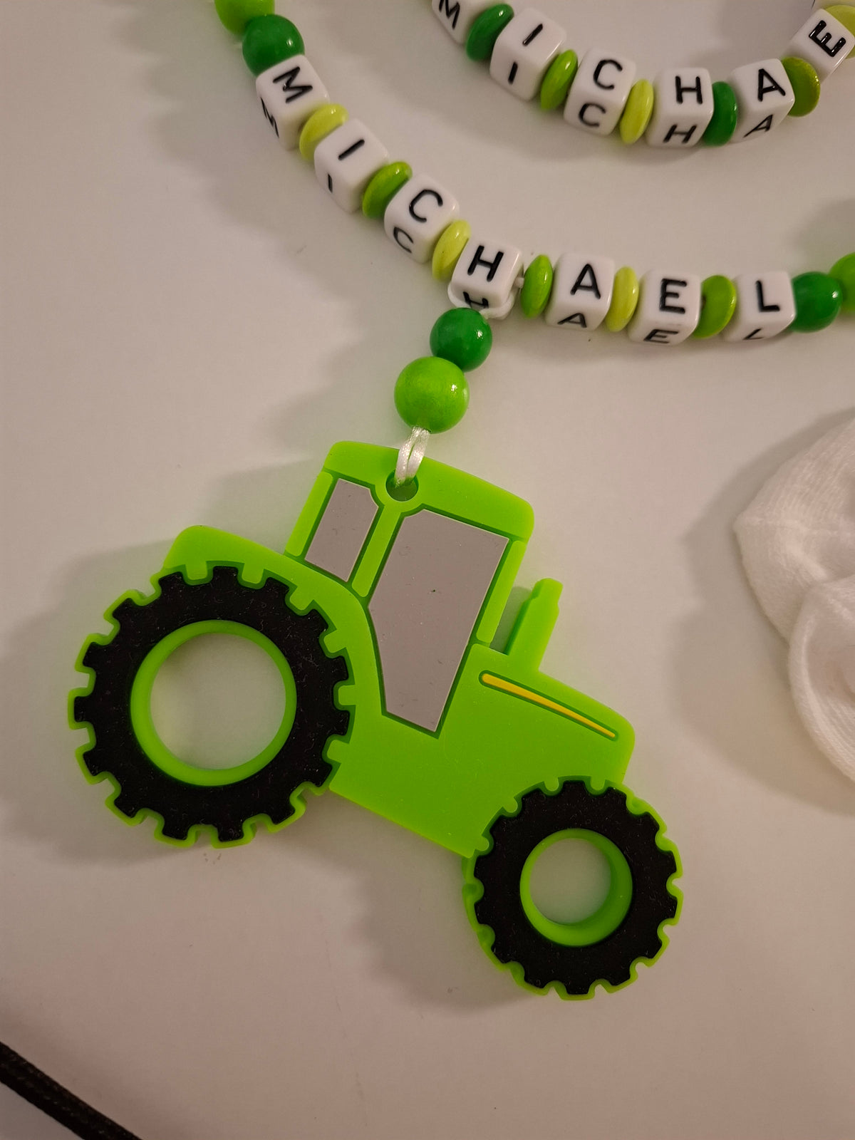 Kinderwagenkette & Schnullerkette Set mit Namen Traktor grün hellgrün personalisiert