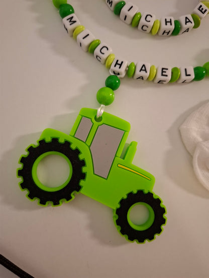 Kinderwagenkette & Schnullerkette Set mit Namen Traktor grün hellgrün personalisiert