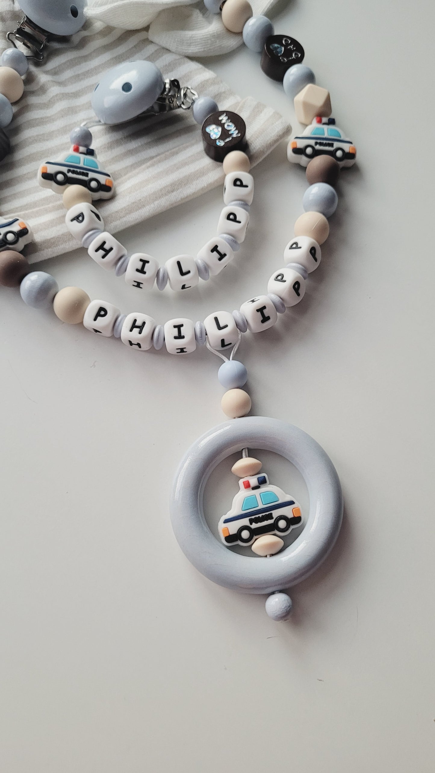 Kinderwagenkette & Schnullerkette mit Namen Polizei beige braun grau blau