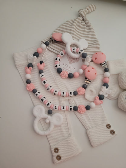 3er Set Schnullerkette, Kinderwagenkette & Beißring mit Namen Mäuse Schmetterlinge Rosen weiß peach dunkelgrau