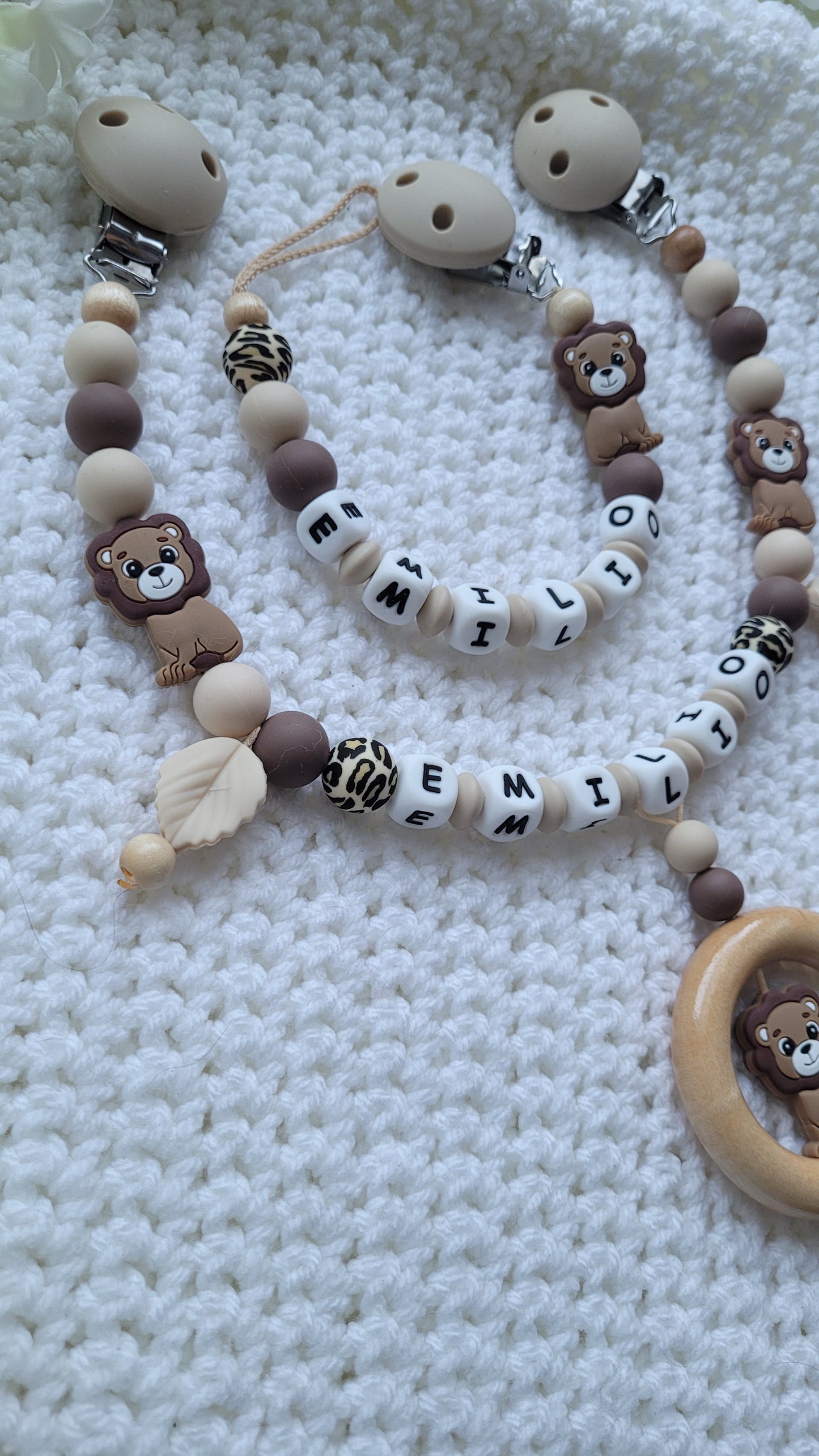 Kinderwagenkette & Schnullerkette Set Baby Löwe beige braun leo