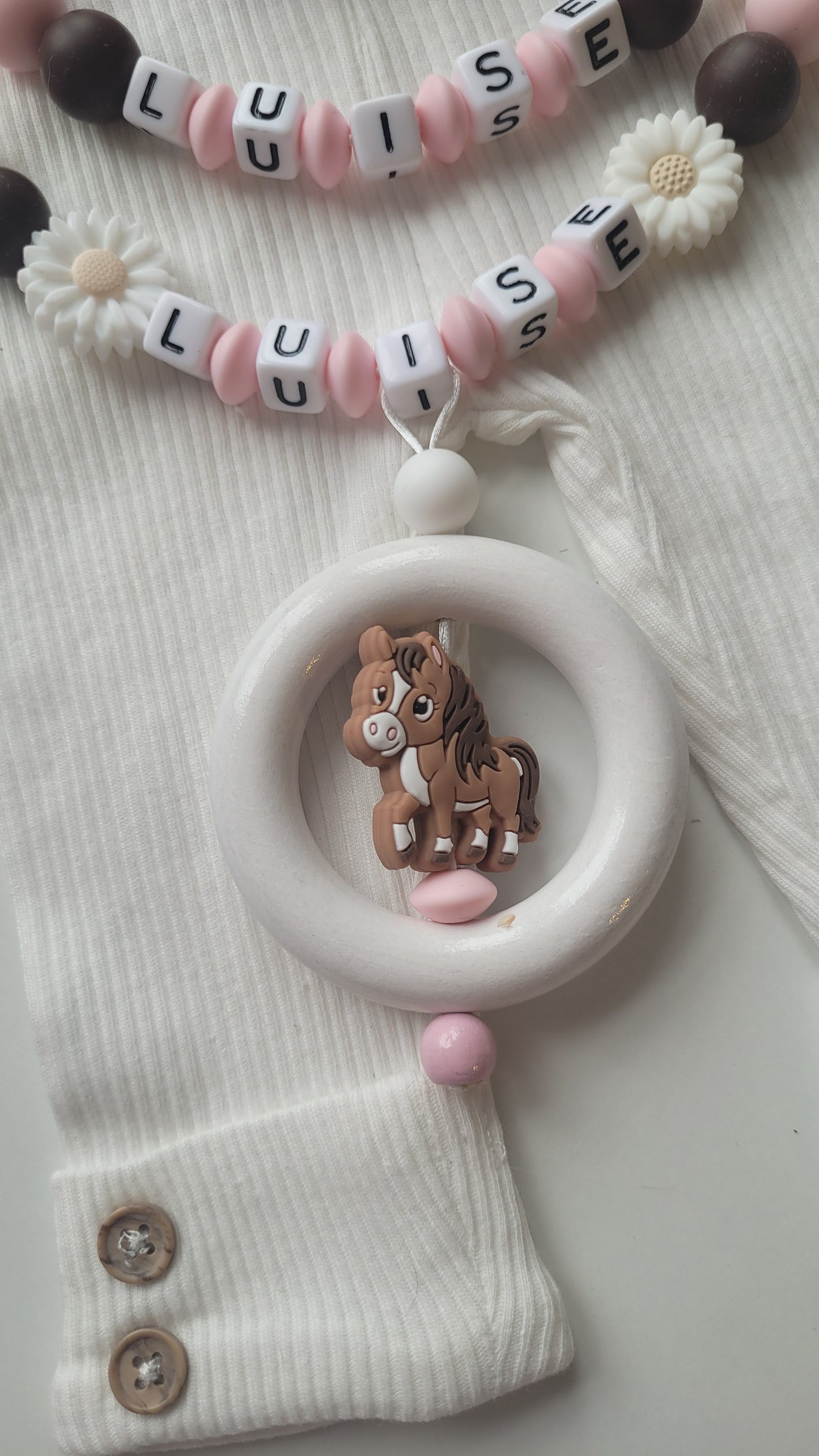Kinderwagenkette & Schnullerkette mit Namen – Pferd Silikon rosa braun
