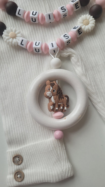 Kinderwagenkette & Schnullerkette mit Namen – Pferd Silikon rosa braun