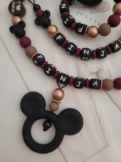 3er Set Schnullerkette, Kinderwagenkette & Mausbeißring mit Namen Roségold schwarz braun weinrot