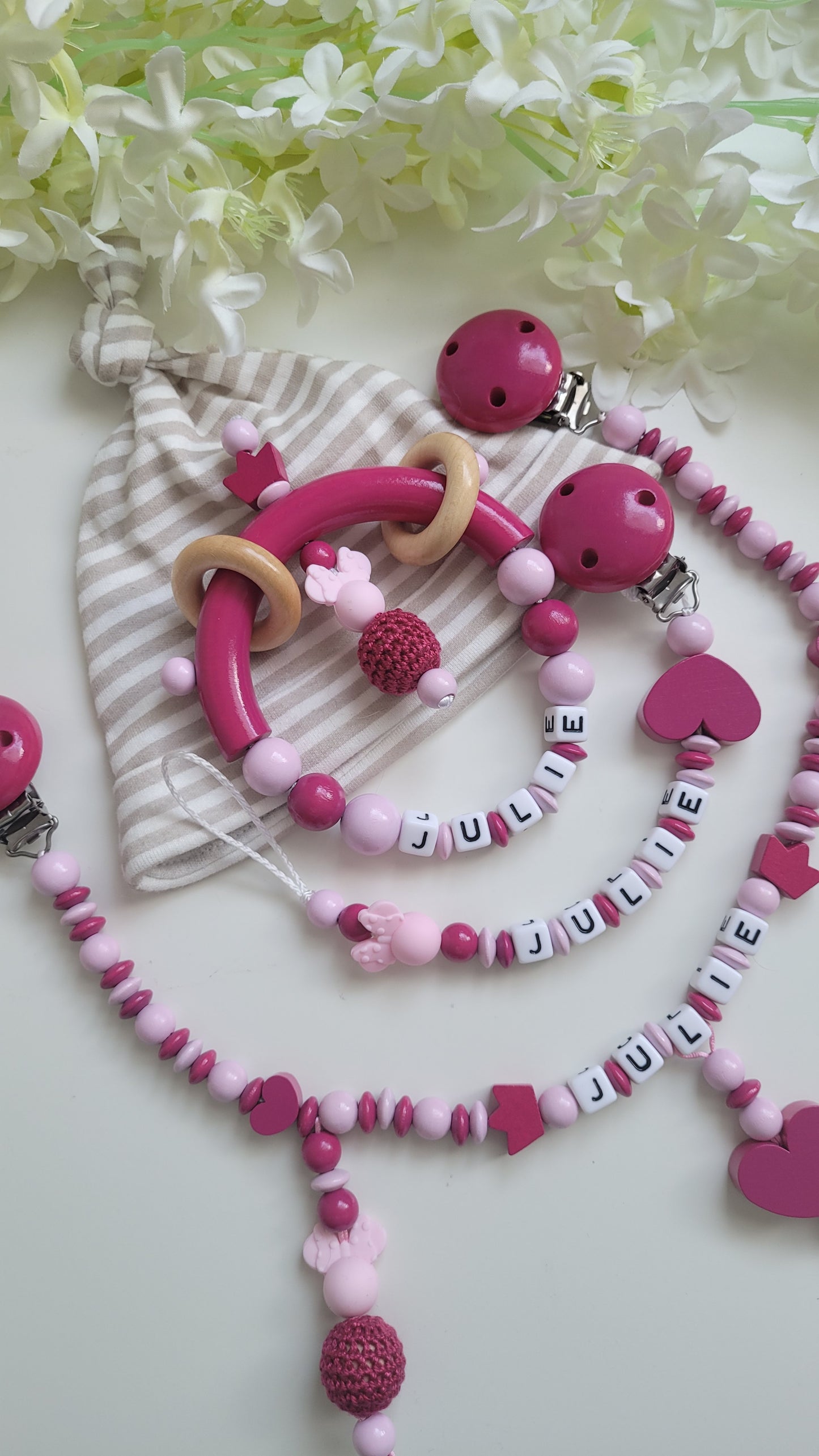 Komplett Set 3tlg Schnullerkette Kinderwagenkette Greifring mit Namen Minnie Maus pink rosa