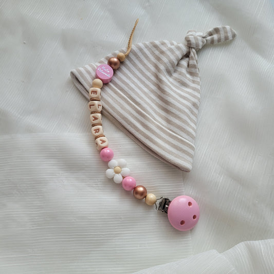 Schnullerkette mit Namen für Mädchen Kleine Prinzessin & Blume blush beige