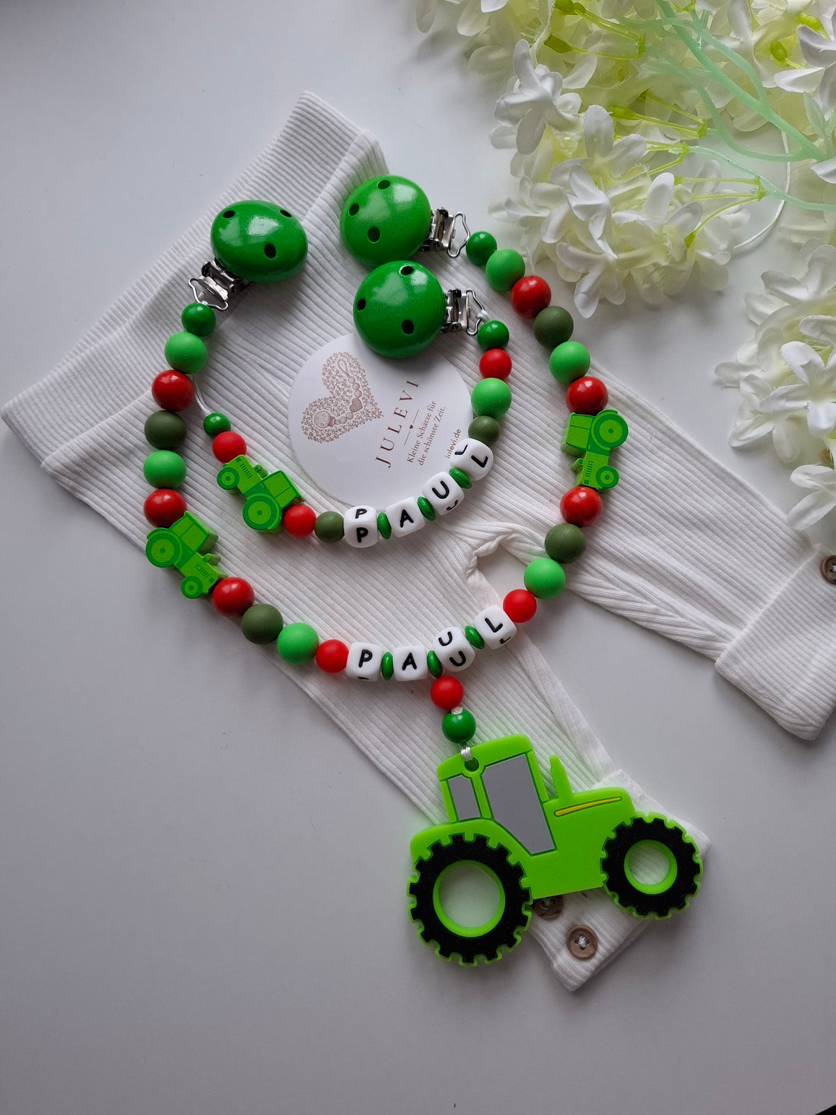 Kinderwagenkette & Schnullerkette Set mit Namen Traktor grün rot personalisiert
