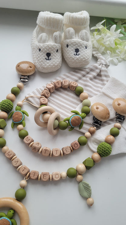 Schnullerkette Kinderwagenkette & Beissring mit Namen Schildkröte holz grün