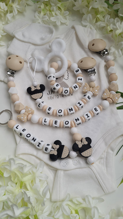 4 tlg Set Schnullerkette Kinderwagenkette Greifling & Schlüsselanhänger personalisiert Minnie beige