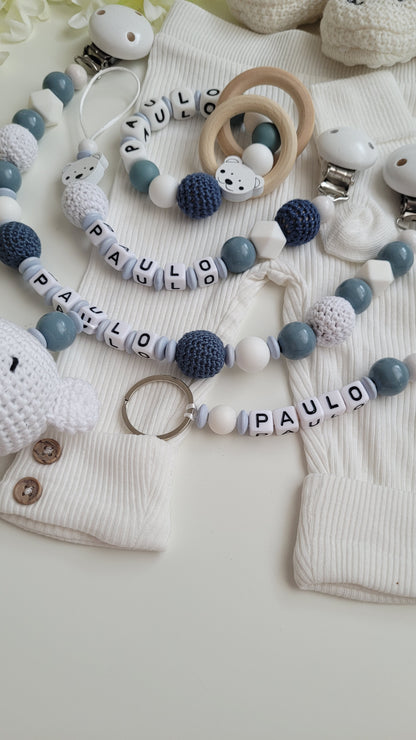 4 tlg Mega Komplett Set inkl. Schlüsselanhänger Bärchen graublau