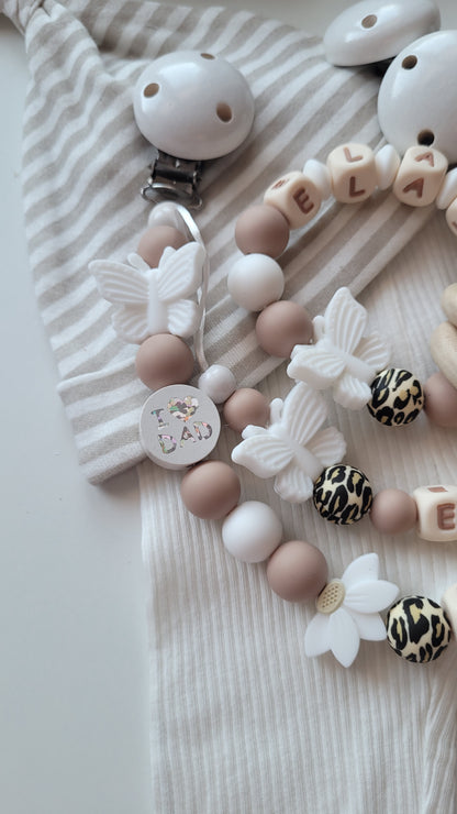 3er Set Schnullerkette Kinderwagenkette & Beissring mit Namen  Schmetterlinge leo weiss taupe