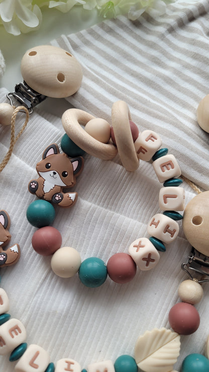 3tlg.Set Schnullerkette Kinderwagenkette & Greifring mit Namen Fuchs petrol beige