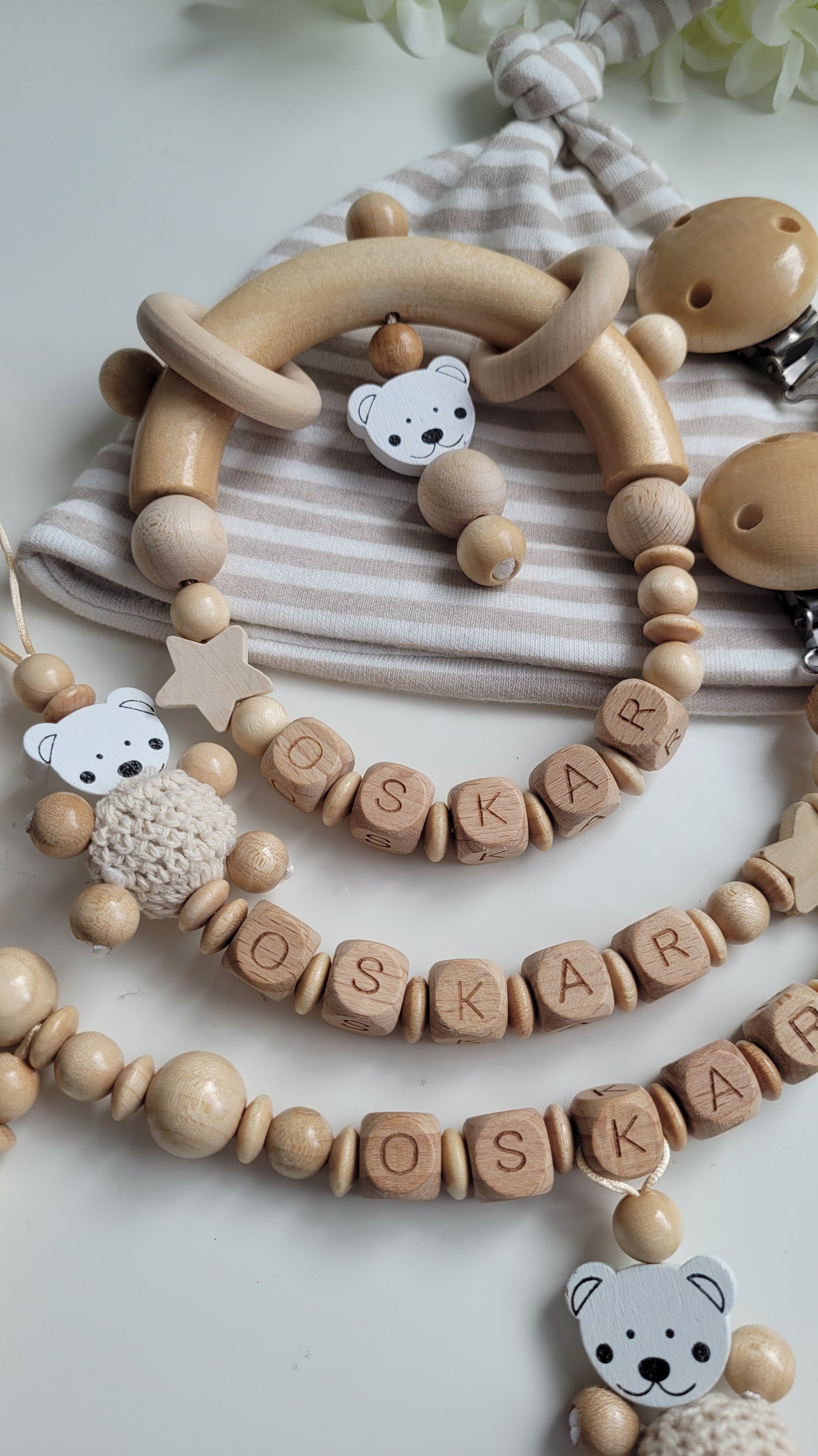 3tlg.Set Schnullerkette Kinderwagenkette & Greifring mit Namen Bärchen holz