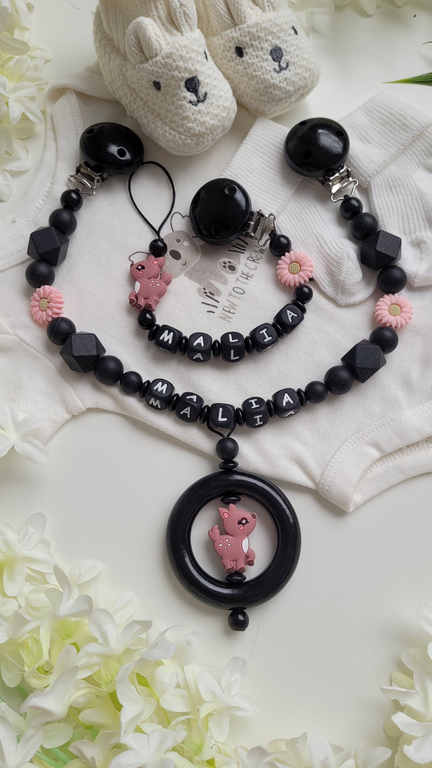 Kinderwagenkette & Schnullerkette "Lovely Flower Rehkitz"
