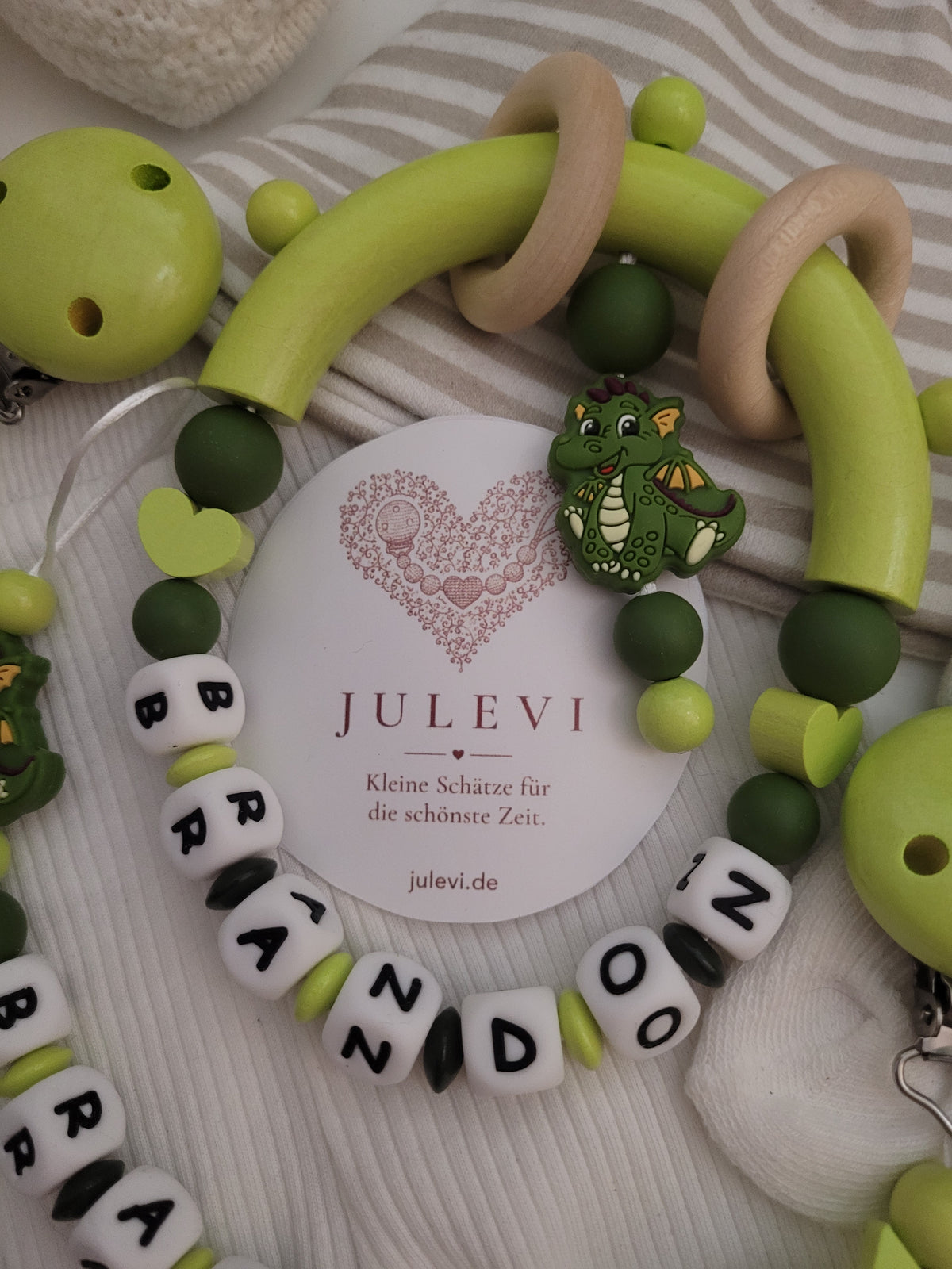 3er Set Schnullerkette, Kinderwagenkette & Beißring mit Namen Drache dunkelgrün hellgrün