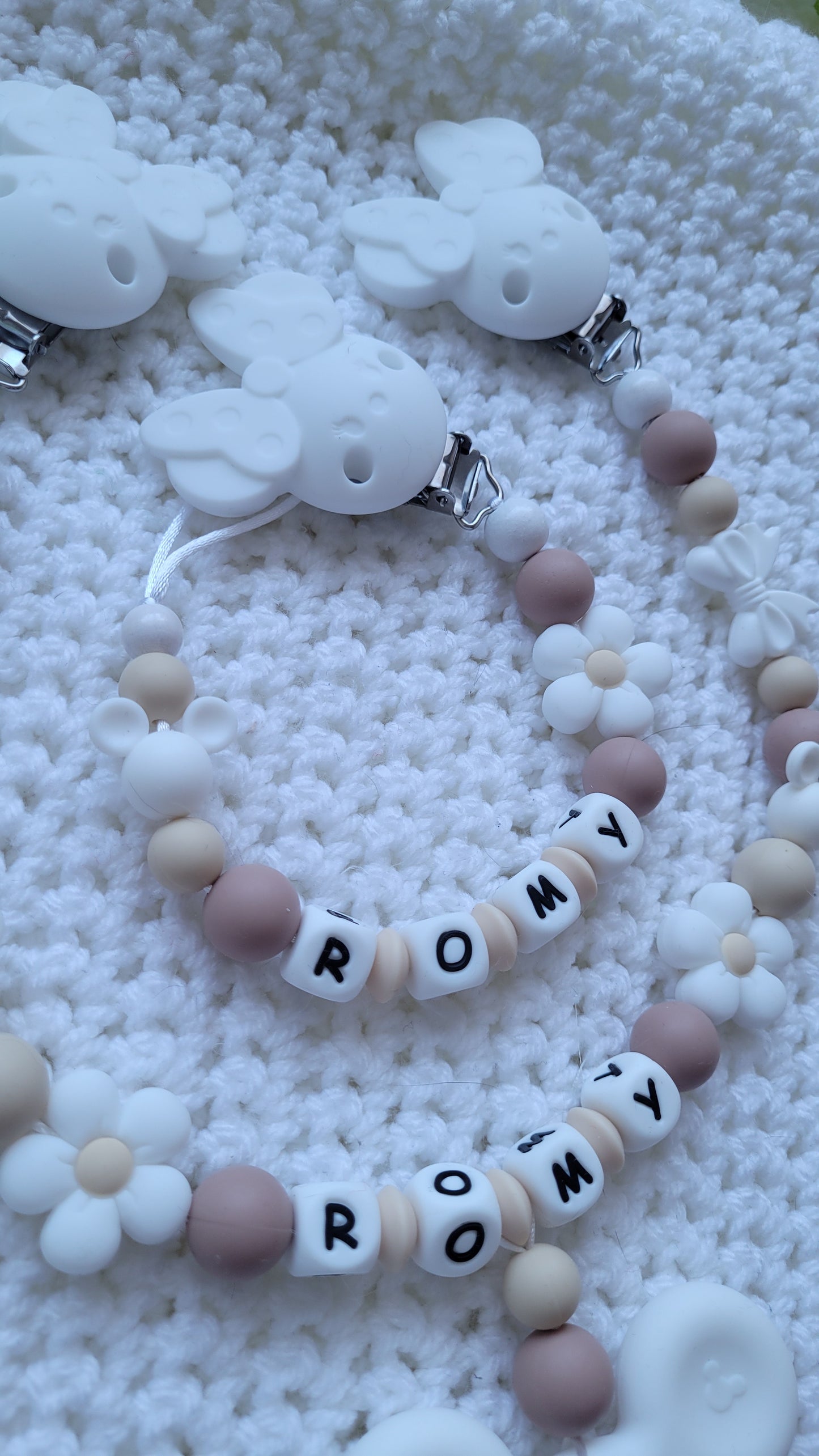 Kinderwagenkette & Schnullerkette *Minnie Prinzessin* beige weiss