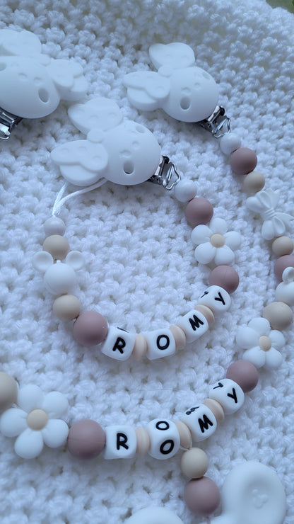 Kinderwagenkette & Schnullerkette *Minnie Prinzessin* beige weiss