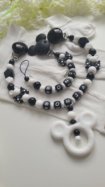 Komplett Set 3tlg Schnullerkette Kinderwagenkette Greifring mit Namen Maus schwarz weiß