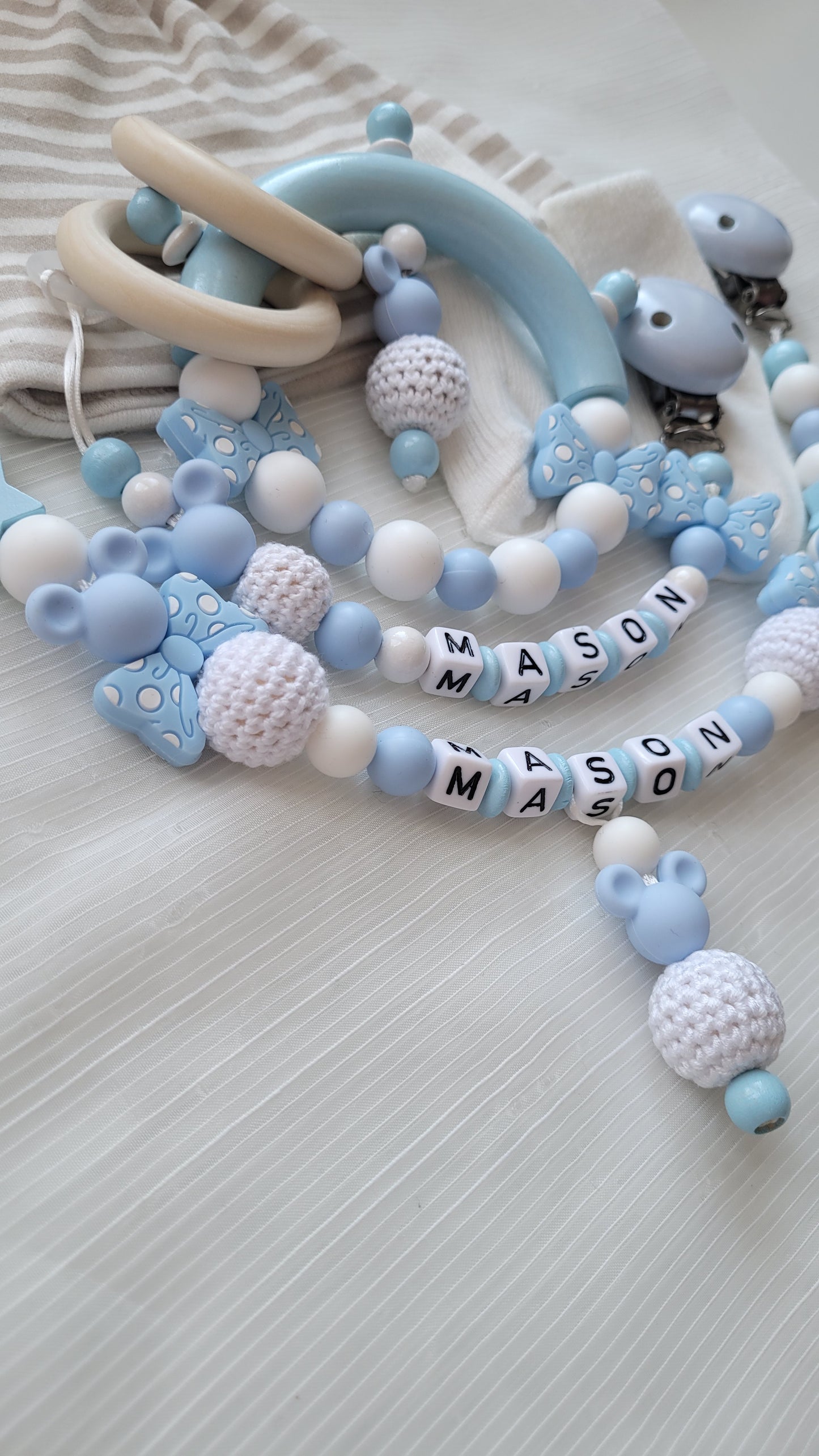 3tlg Set Schnullerkette Kinderwagenkette Greifling *Babymaus* hellblau