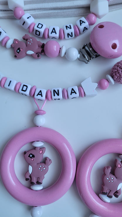 4tlg.Set Schnullerkette Kinderwagenkette & Greifring mit Namen Reh babyrosa weiss