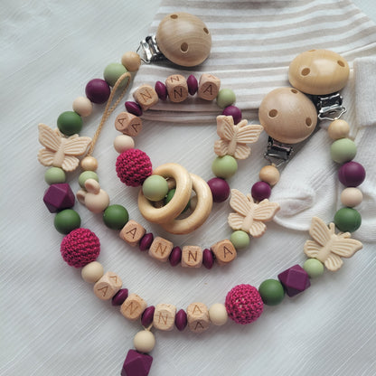 3 tlg Set Schnullerkette Kinderwagenkette Greifring Maus & Schmetterling brombeer grün beige