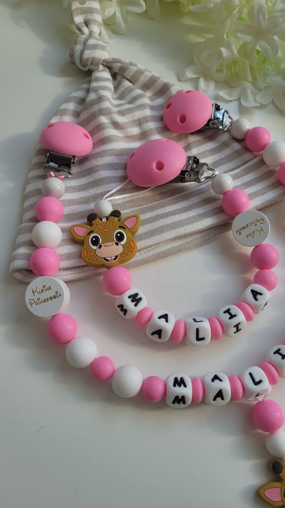 Kinderwagenkette & Schnullerkette mit Namen *Giraffe* pink