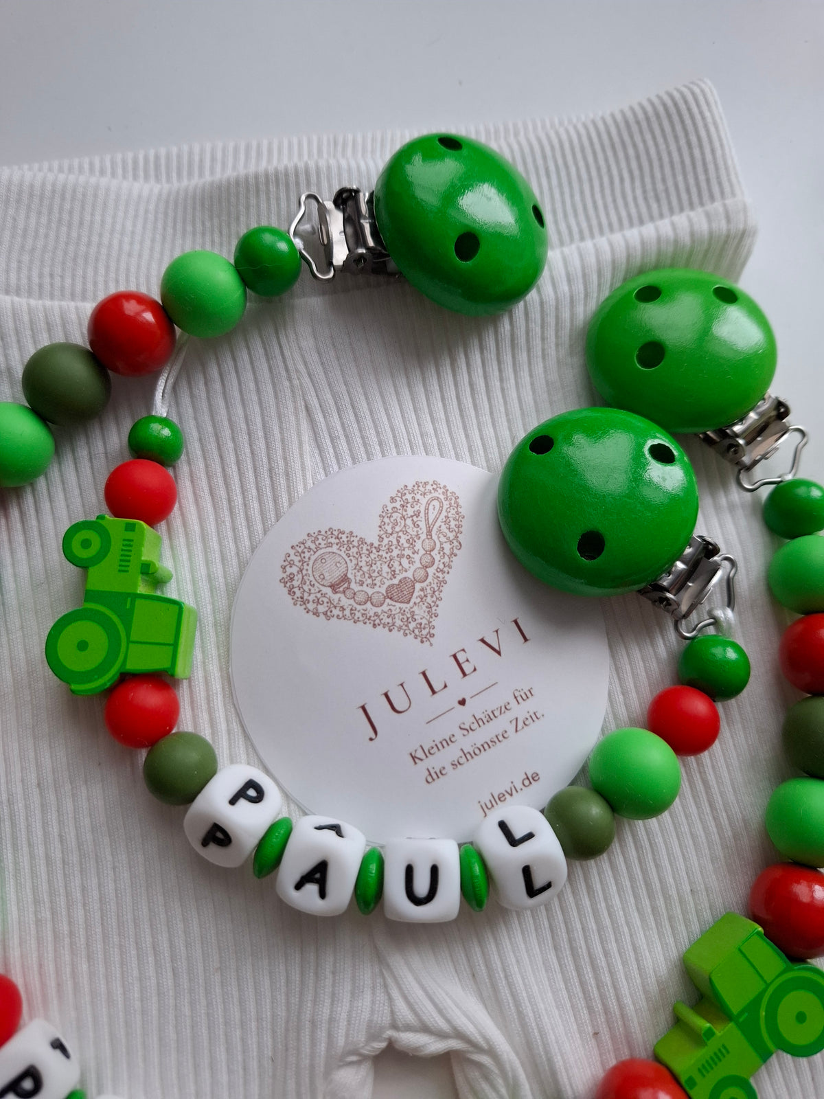 Kinderwagenkette & Schnullerkette Set mit Namen Traktor grün rot personalisiert
