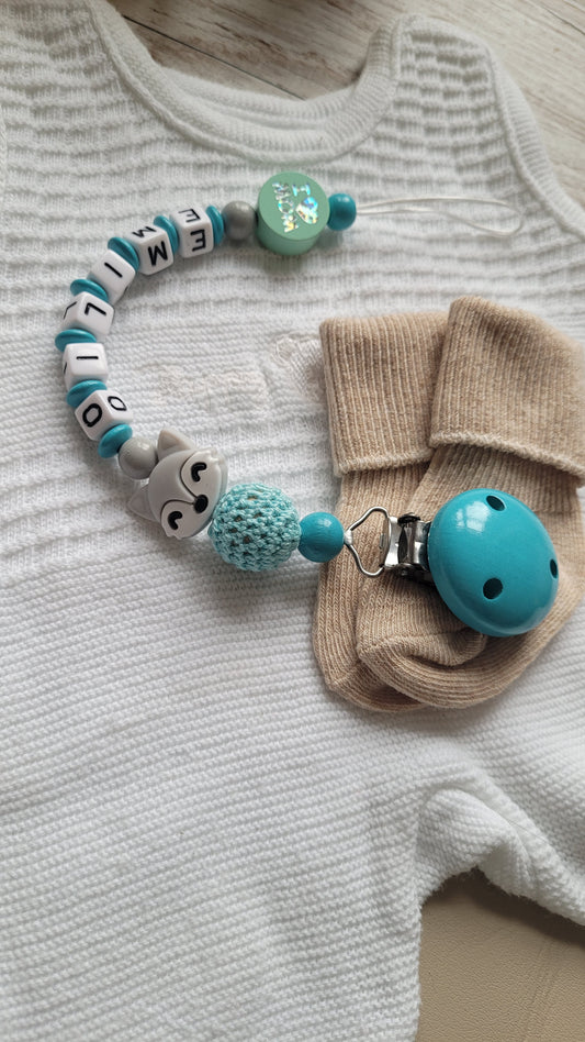 Schnullerkette mit Namen  I love Mom & Dad Fuchs grau türkis