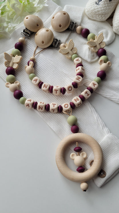 Kinderwagenkette & Schnullerkette Set mit Namen Maus Schmetterling brombeer beige grün Silikon Holz | personalisiert
