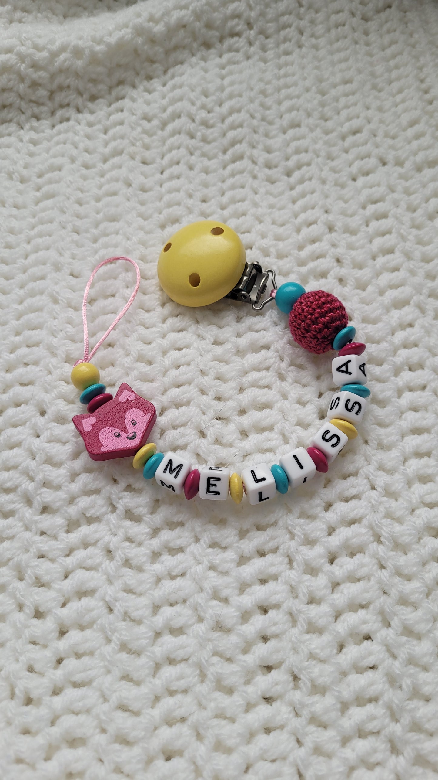 Schnullerkette mit Namen für Mädchen Fuchs gelb türkis pink