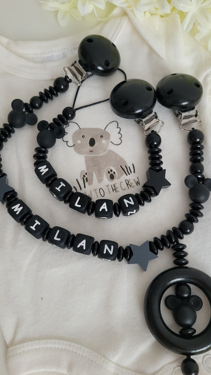 Kinderwagenkette & Schnullerkette mit Namen Maus black Spielringe