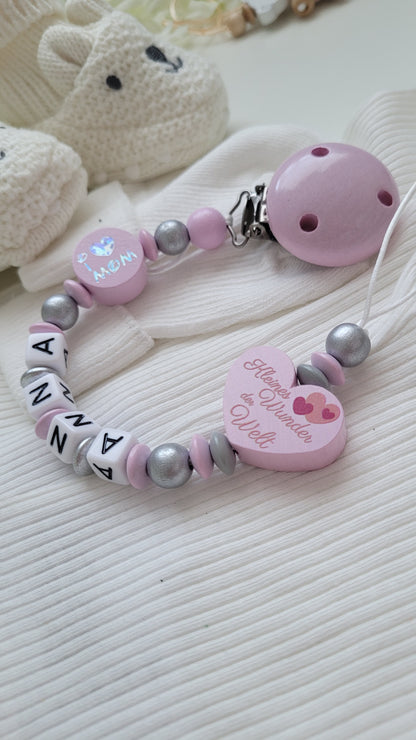 Schnullerkette mit Namen für Mädchen Kleines Wunder der Welt & I love Mom/ I love Dad rosa silber