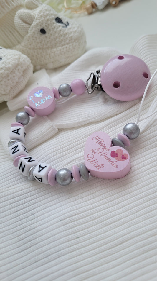 Schnullerkette mit Namen für Mädchen Kleines Wunder der Welt & I love Mom/ I love Dad rosa silber