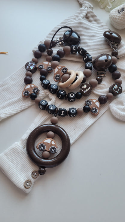 3er Set Schnullerkette Kinderwagenkette & Greifring Auto mit Namen  schwarz braun