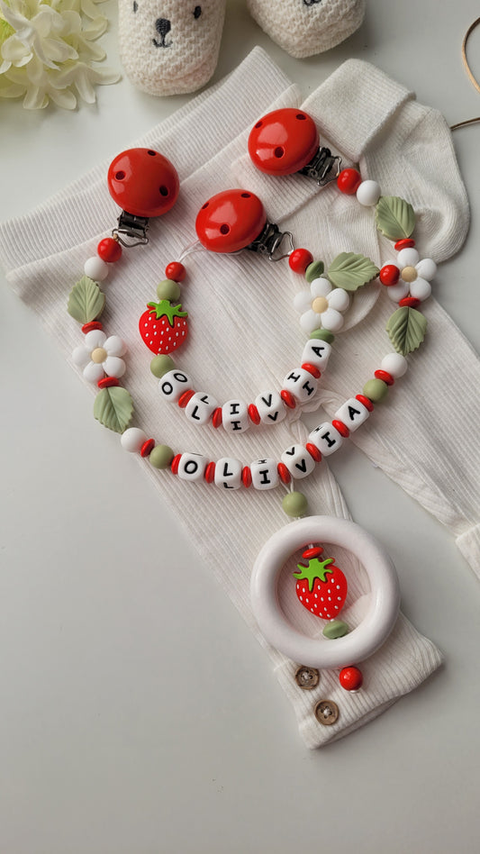 Kinderwagenkette & Schnullerkette mit Namen Erdbeere & Blume