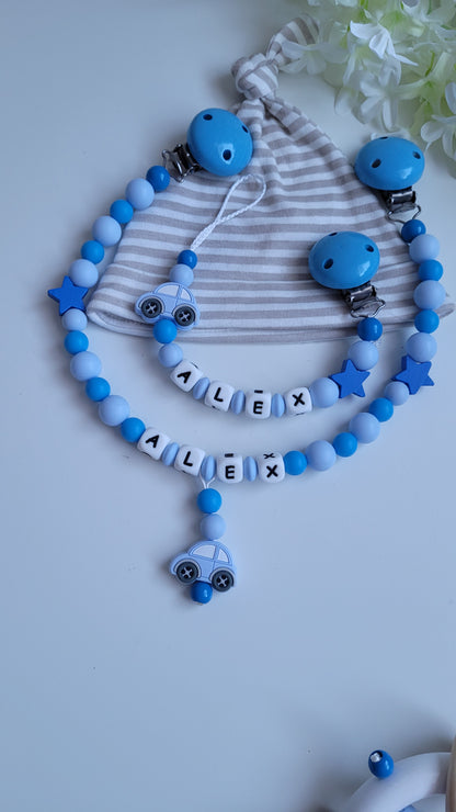 Kinderwagenkette & Schnullerkette mit Namen Auto blau