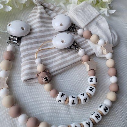 Kinderwagenkette & Schnullerkette Set Baby Teddy für Jungen braun beige weiss holz