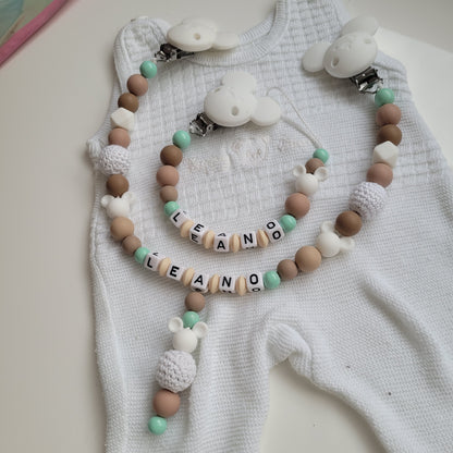 Kinderwagenkette & Schnullerkette mit Namen *Maus* beige weiss mint
