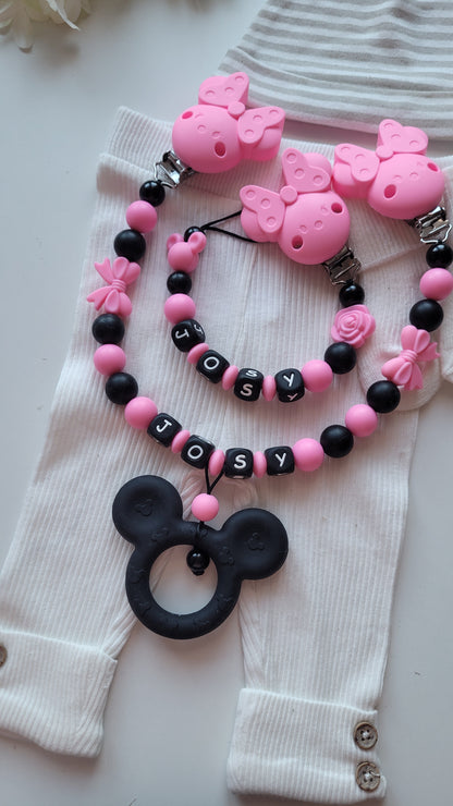 Kinderwagenkette & Schnullerkette mit Namen für Mädchen Maus & Blume pink schwarz