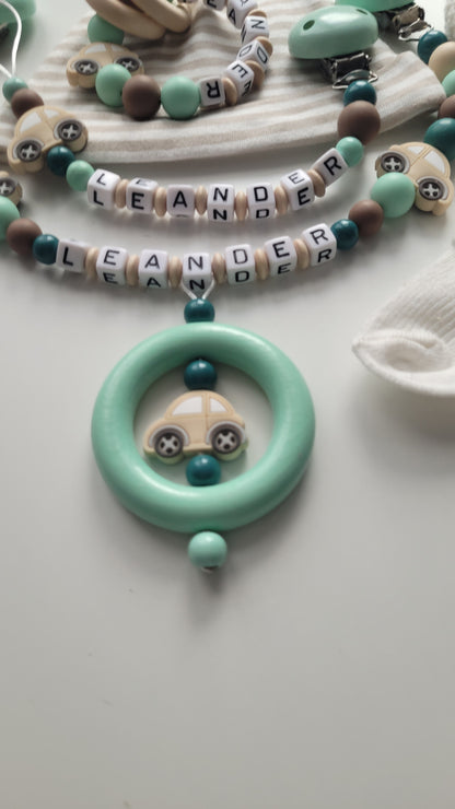 3er Set Schnullerkette Kinderwagenkette & Beissring mit Namen Autos mint petrol braun