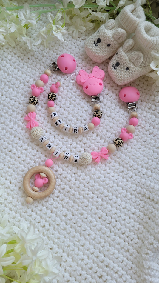 Kinderwagenkette & Schnullerkette mit Namen Maus Leo beige pink