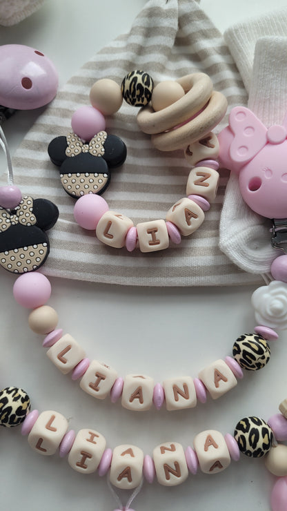 3er Set Schnullerkette Kinderwagenkette & Beissring mit Namen Mäuse & Schmetterlinge beige weiss rosa