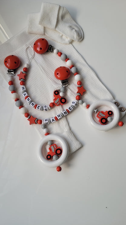 Kinderwagenkette & Schnullerkette *Traktor* rot