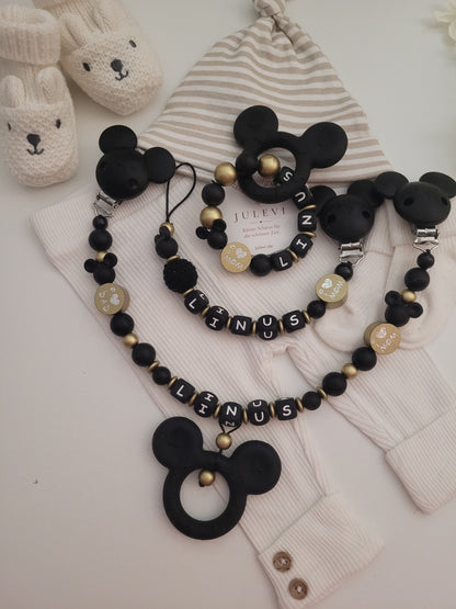 3er Set Schnullerkette, Kinderwagenkette & Beißring mit Namen Maus schwarz gold